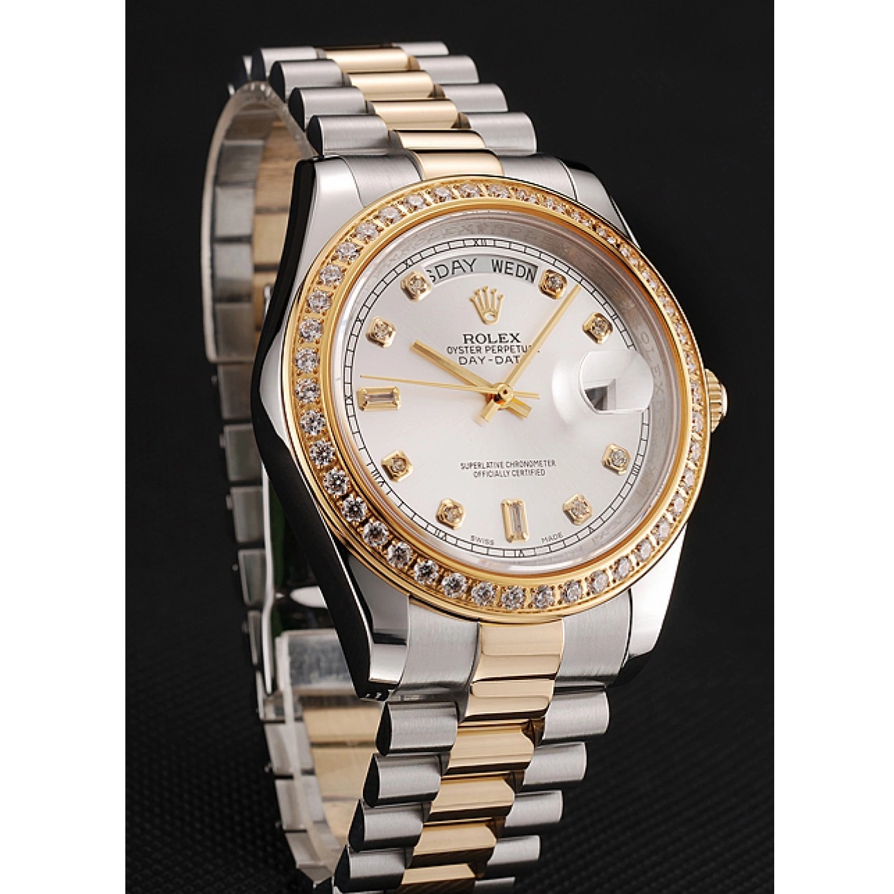 Aaa replica watch Bracelet Day-Date Two Diamond Gold Steel White Rolex Case Dial Swiss Stainless Tone 1453972 0821